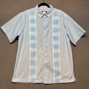 Vtg Haband Button Up Shirt Guayabera Plaid Panel Short Sleeve L Blue Retro